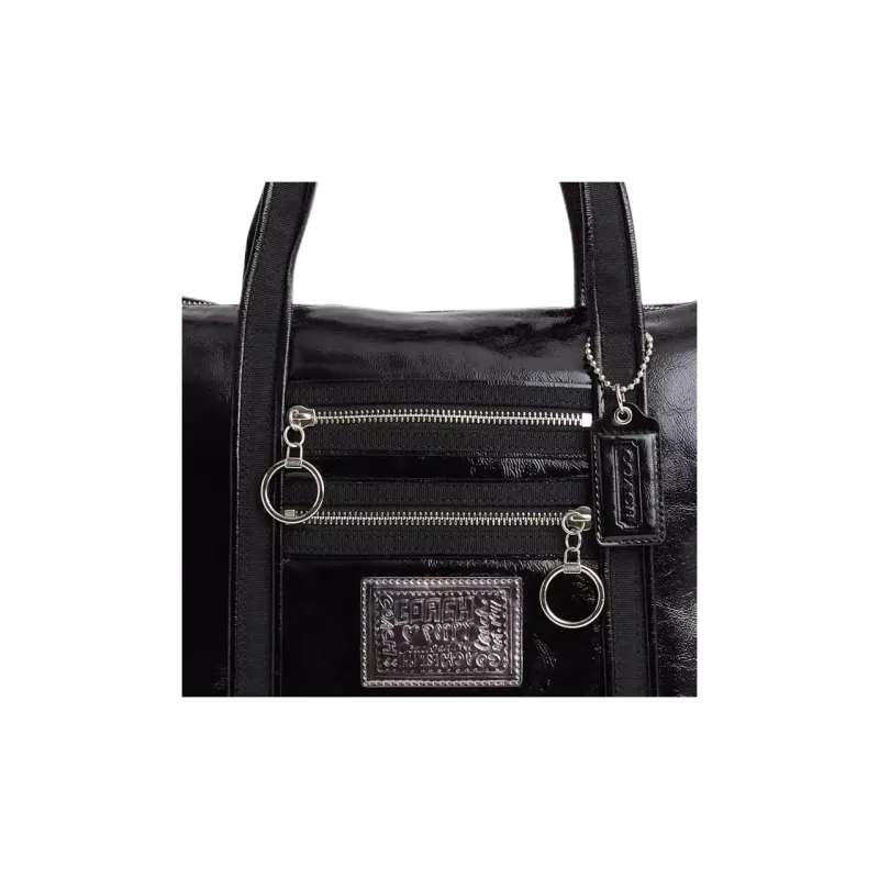 COACH POPPY Patent Leather Handbag Shoulder Bag Large Size Women's Silver With Licorice-1
