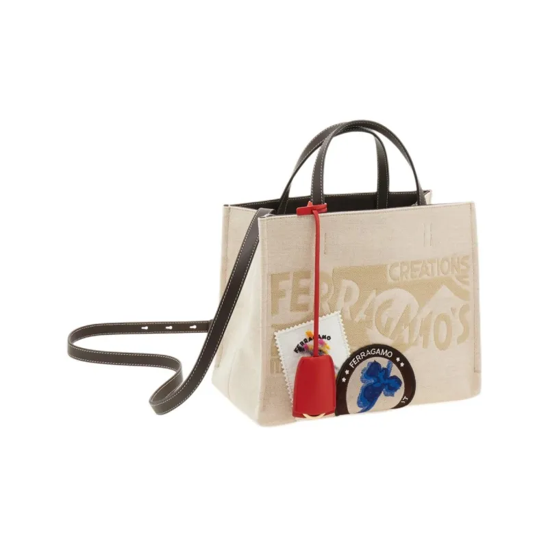 FERRAGAMO Cotton Tote Bag Shopping Bag Shoulder Bag Crossbody Bag Handbag Medium Size Women's Natural-1