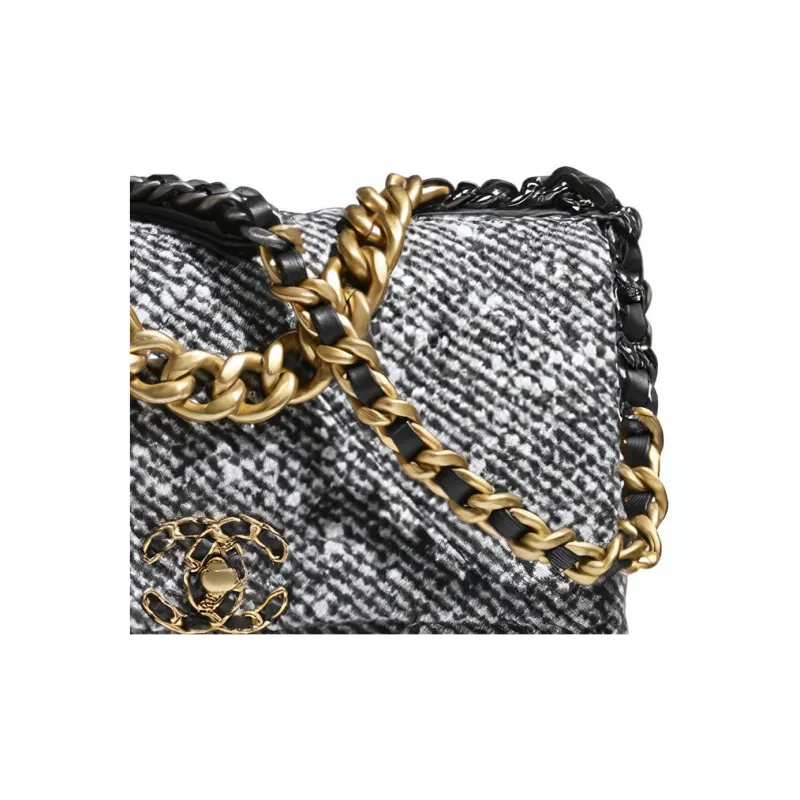 CHANEL 19Bag Woolen Flap Crossbody Bag, Shoulder Bag Women's Black White-1