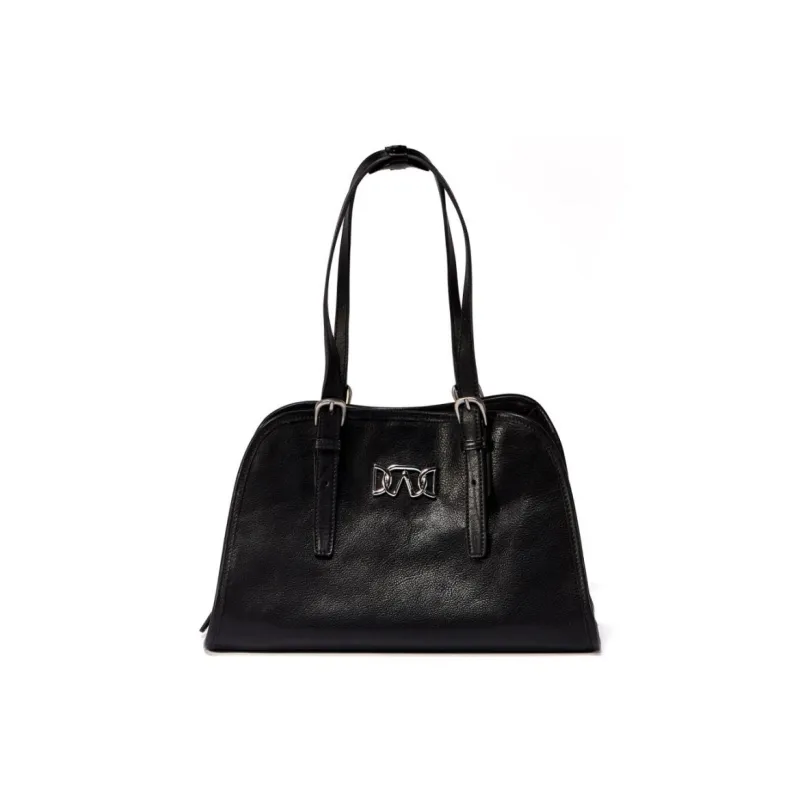 AQUASCUTUM Vegetable Tanned Cow Leather Bowling Bag, Shoulder Bag Medium Size Women's Black-1