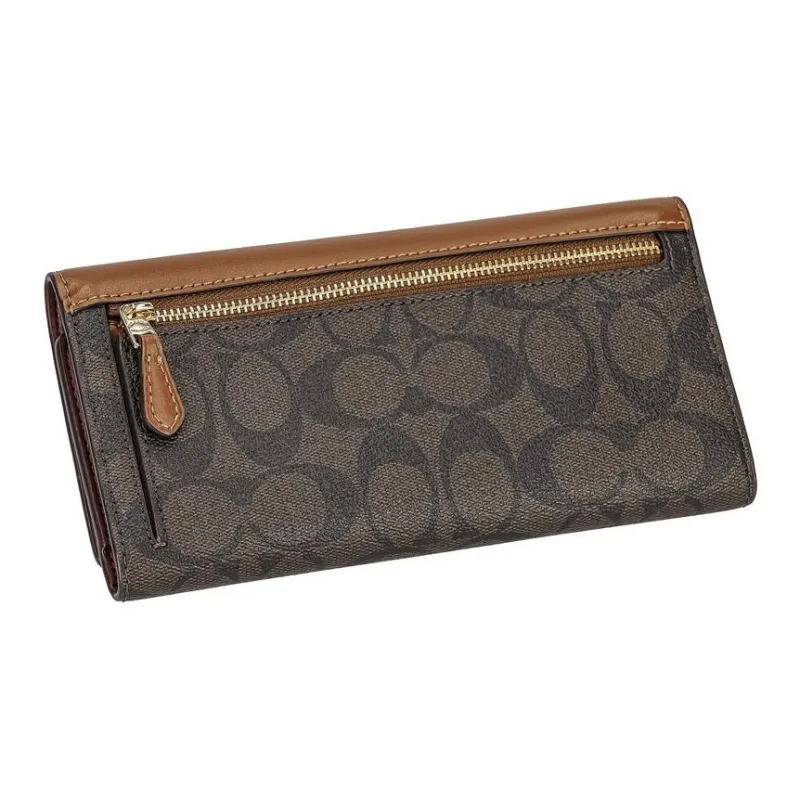 COACH Trifold Wallet Canvas With Leather Coin Purse Long Wallet Small Size Women's Sequoia-2