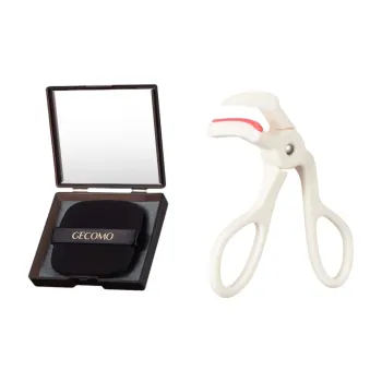 GECOMO Eyelash Curler+Oil Absorbing Paper Combo, Built in Mirror Powder Puff, Makeup Tool