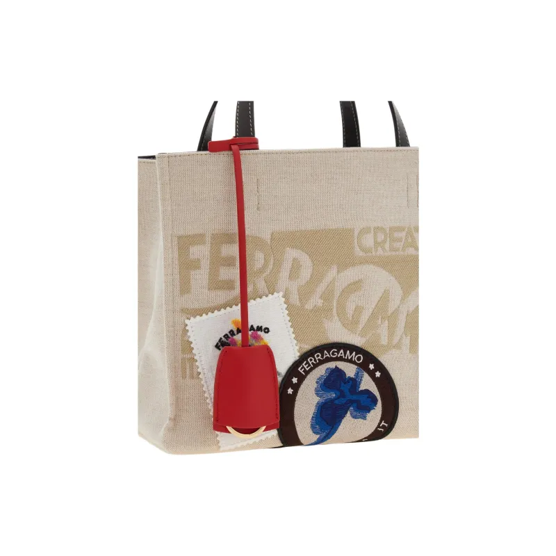 FERRAGAMO Cotton Tote Bag Shopping Bag Shoulder Bag Crossbody Bag Handbag Medium Size Women's Natural-4