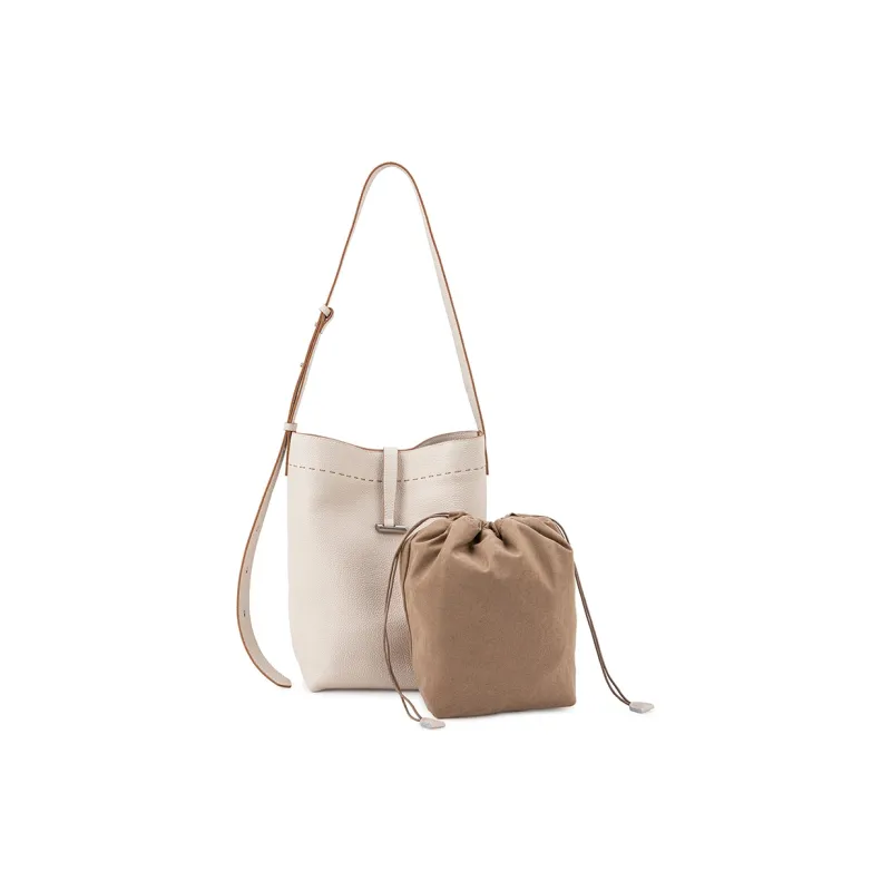 VENOF Cow Leather Bucket Bags Shoulder Bags Medium Size Women's Elephant Gray/Freesia White-8