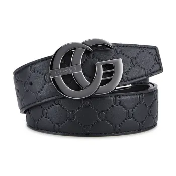 GUSKI Top Grain Cow Leather Smooth Buckle Belt, Husband's Fashion Belt Men's Gunmetal, Gold Width  3.8cm Gift Box Set