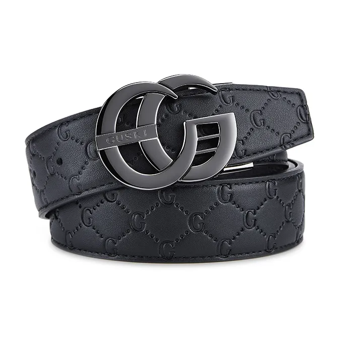GUSKI Top Grain Cow Leather Smooth Buckle Belt, Husband's Fashion Belt Men's Gunmetal, Gold Width  3.8cm Gift Box Set-0
