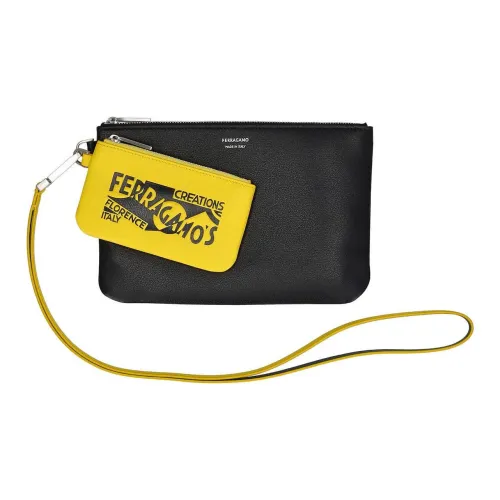 FERRAGAMO Cow Leather Clutch Men's Black & Yellow