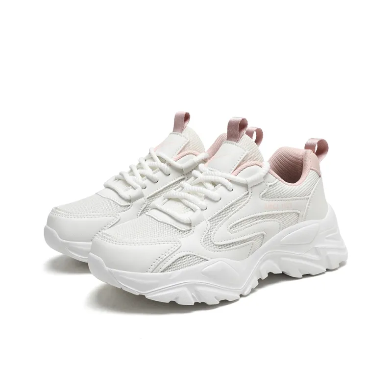 Binary Shock Absorbers Slip Resistant Breathable Low Top Chunky Sneakers Women's White Pink-2