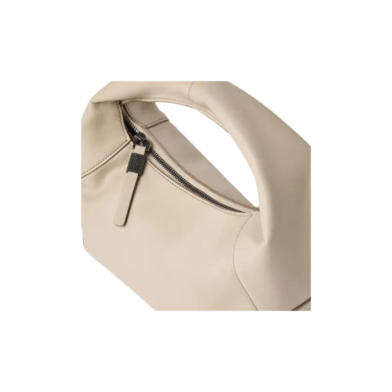 Brunello Cucinelli Calfskin Water Dumpling Bag Handbag Small Size Women's Beige Yellow-3