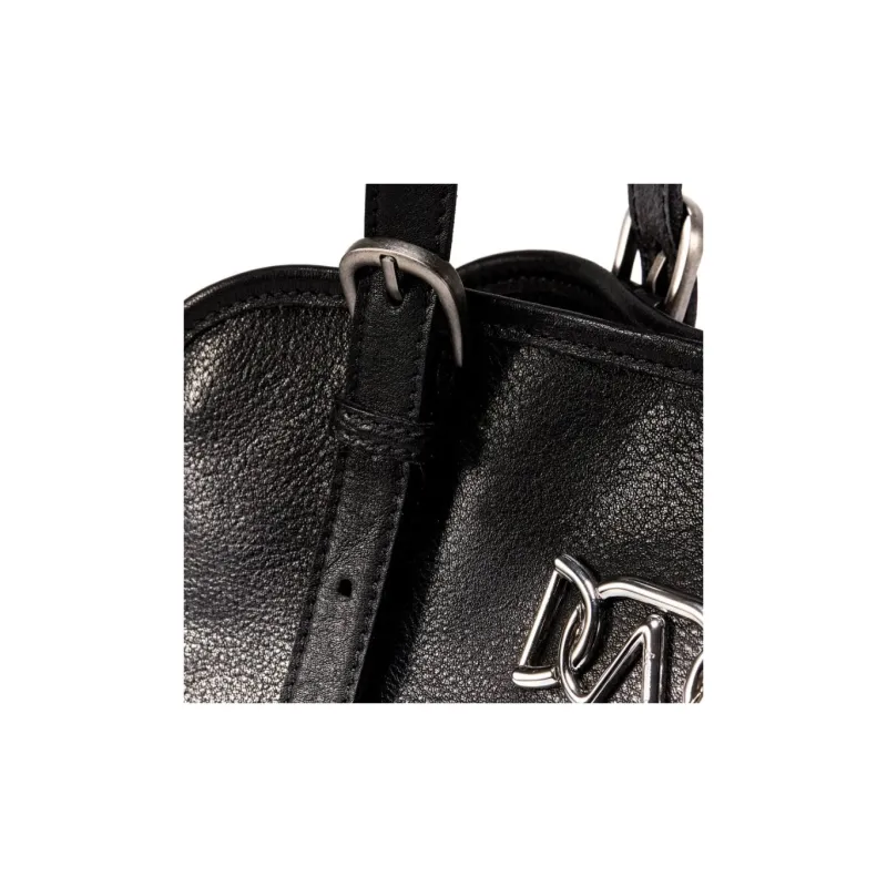 AQUASCUTUM Vegetable Tanned Cow Leather Bowling Bag, Shoulder Bag Medium Size Women's Black-6