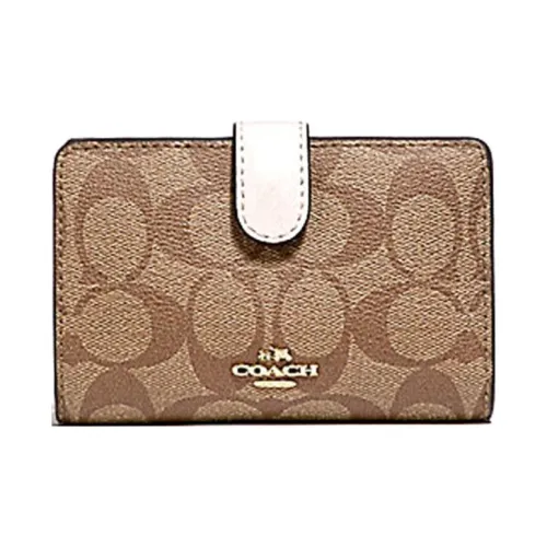 COACH Corner Zip Canvas With Leather Clutches Wallets Mini Women's Brown & White