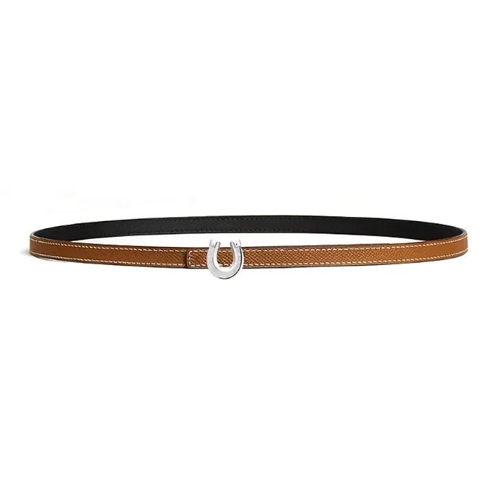 HERMES Calfskin, Metal, Palladium Plated Leather Belts Unisex Black/Brown Width 1.3cm-1