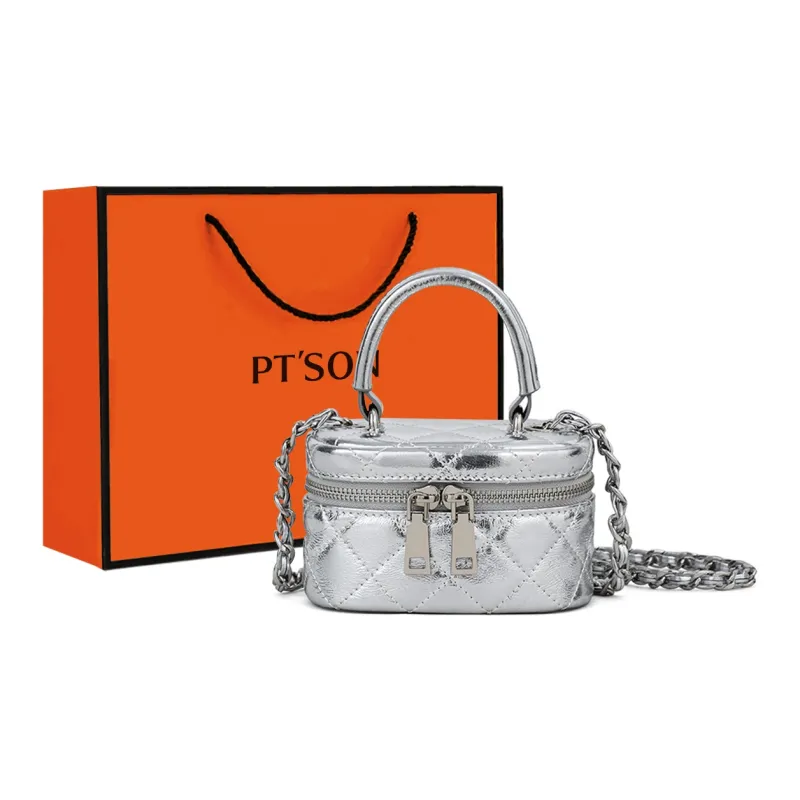 PT'SON Cow Leather Box Bag Handbag Shoulder Bag Crossbody Bag Regular Women's Silver-0