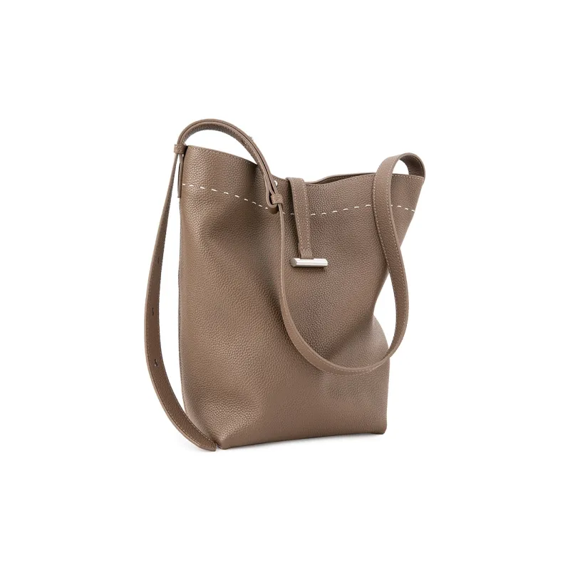 VENOF Cow Leather Bucket Bags Shoulder Bags Medium Size Women's Elephant Gray/Freesia White-3