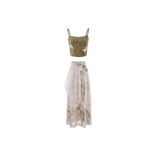 Qiuerle Skirt Set Women's Matcha Green