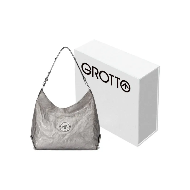 GROTTO Hobo Series Sheepskin One Shoulder Crossbody Soft Bag Large Size Unisex Moon Silver-0