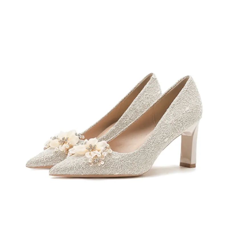 BINGO DUCK Chunky Heel High Heels Women's White-1