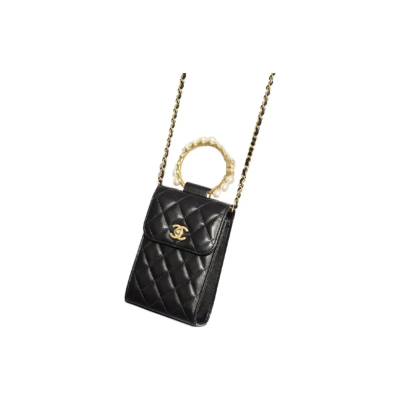 CHANEL Classic Sheepskin Square Box Cell Phone Pouch, Shoulder Bag, Crossbody Bag Women's Black-1