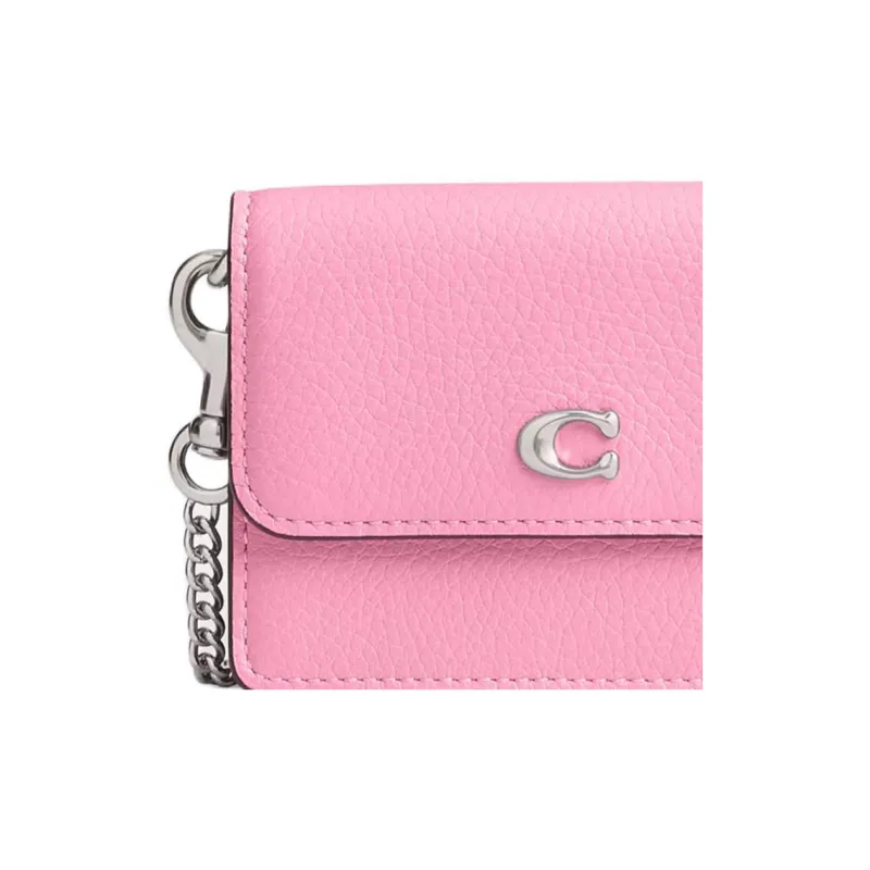 COACH Flap Card Case Leather Shoulder Bag Crossbody Bag Card Holder Mini Women's Silver & Bright Pink-3