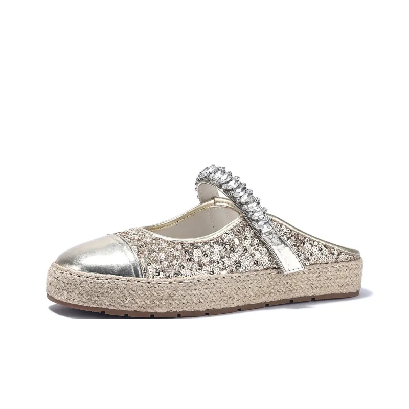 BELLALILY Rubber Sole Sequins Rhinestone Woven Fabric Abrasion-Resistant Wrap-toe Slippers Women's-1
