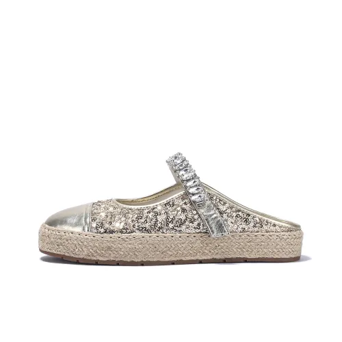BELLALILY Rubber Sole Sequins Rhinestone Woven Fabric Abrasion Resistant Wrap toe Slippers Women's