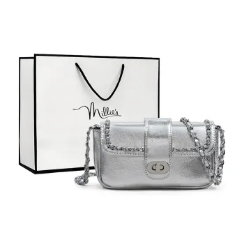 MILLIE'S Cow Leather Patchwork Synthetic Leather One Shoulder Chain Saddle Bag Crossbody Bag Regular Women's Silver