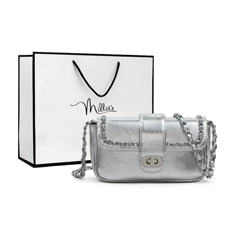 MILLIE'S Cow Leather Patchwork Synthetic Leather One Shoulder Chain Saddle Bag Crossbody Bag Regular Women's Silver-0