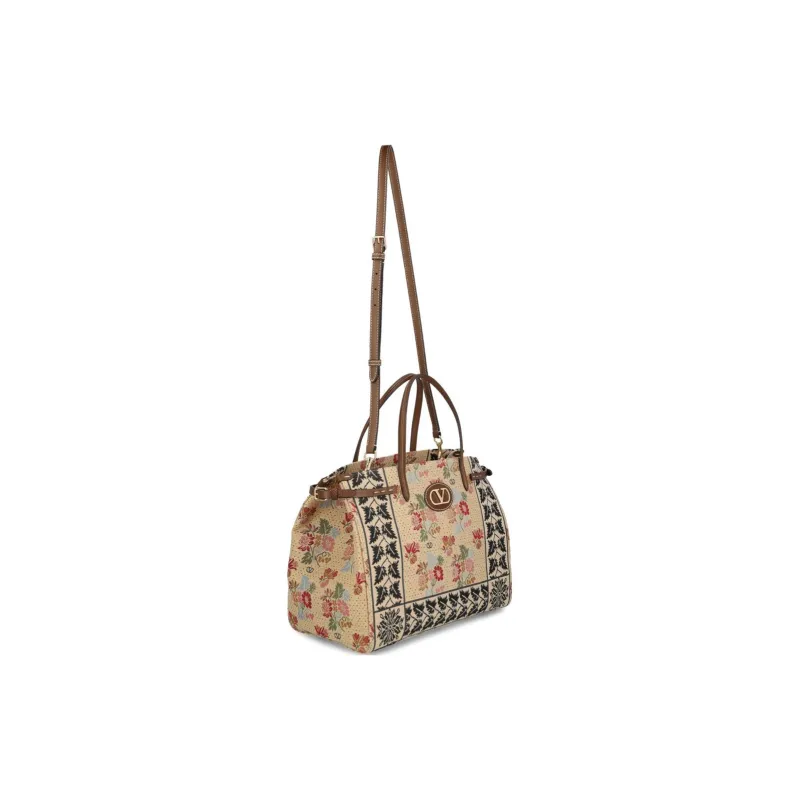 Valentino Cotton Tote Bag Shopping Bag Shoulder Bag Crossbody Bag Handbag Women's Khaki & Multicolor-1