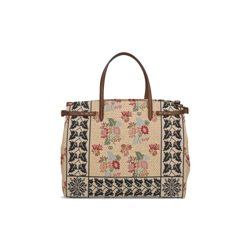 Valentino Cotton Tote Bag Shopping Bag Shoulder Bag Crossbody Bag Handbag Women's Khaki & Multicolor-2