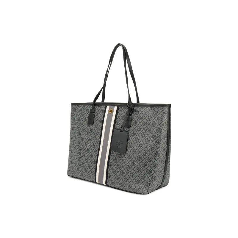 TORY BURCH T Monogram PU Bonded Canvas Tote Bag Shopping Bag Shoulder Bag Handbag Large Size Women's Black-1