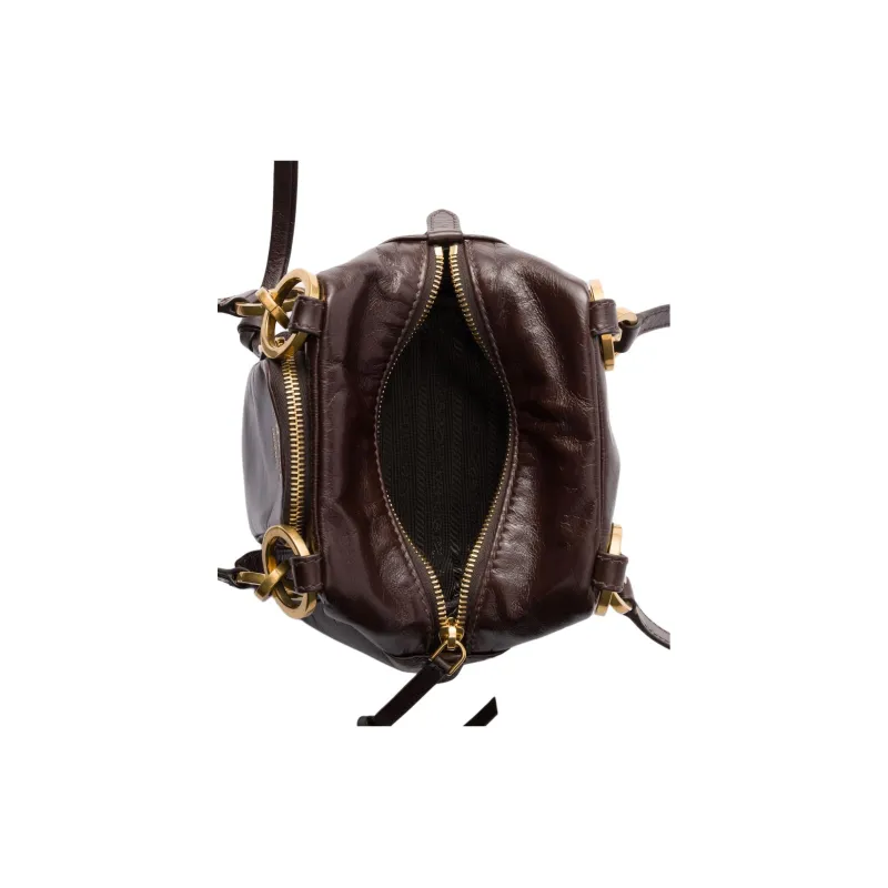PRADA Leather Handbag, Shoulder Bag Mini Women's Dark Brown-3