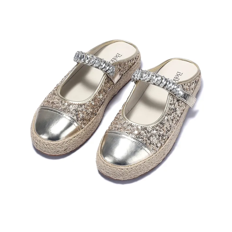 BELLALILY Rubber Sole Sequins Rhinestone Woven Fabric Abrasion-Resistant Wrap-toe Slippers Women's-3