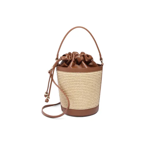 BELLE Straw Woven With Artificial Leather Bucket Bag Handbag Medium Size Women's Brown