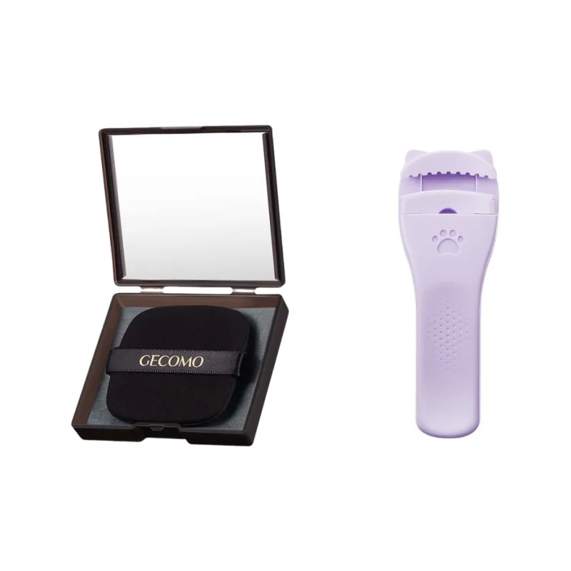 GECOMO 3D Cute Paw Eyelash Curler+Oil Absorbing Paper Combo, Built in Mirror Powder Puff, Makeup Tool-0