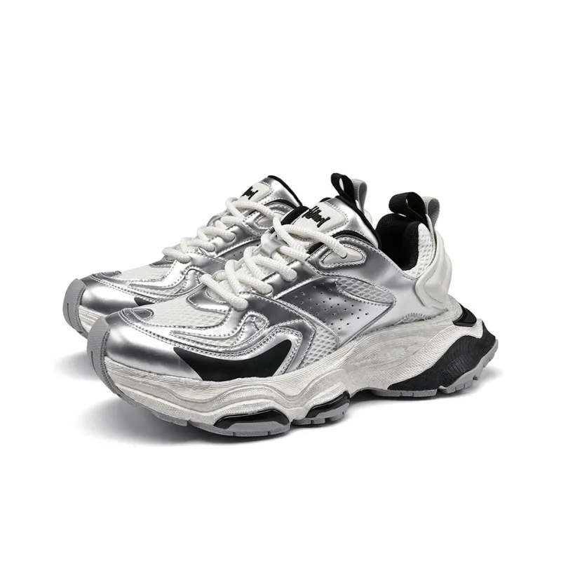 ZOIBBOE Cushioning Anti-Slip Wear-Resistant Breathable Support Height Increasing Low-Top Chunky Sneakers Men's Silver-2