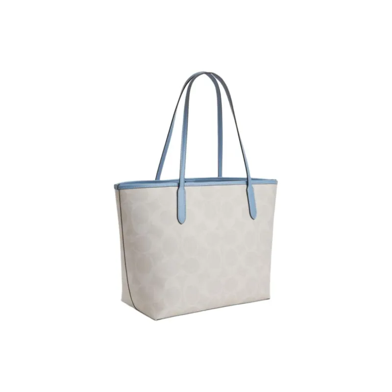 COACH Coated Canvas Tote Bag, Shopping Bag, Handbag, Shoulder Bag Tubas Women's White & Blue-1
