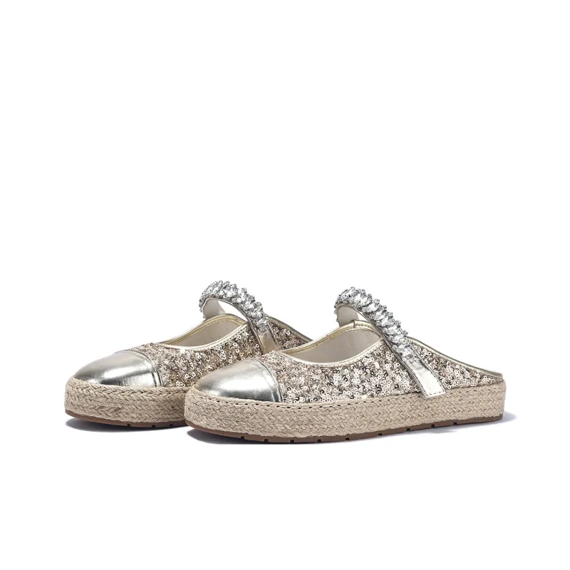 BELLALILY Rubber Sole Sequins Rhinestone Woven Fabric Abrasion-Resistant Wrap-toe Slippers Women's-2
