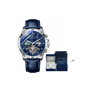 LOUIE JUELEN Mechanical Movement Leather Watch Bands Watch Men's Watches Blue Dial