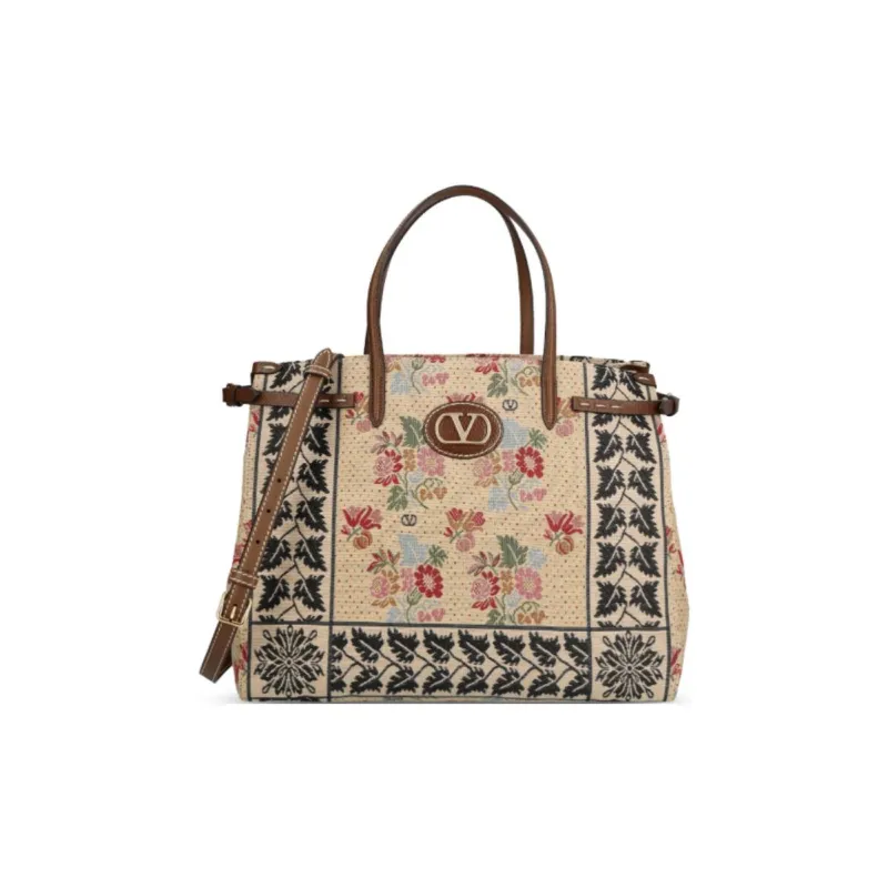 Valentino Cotton Tote Bag Shopping Bag Shoulder Bag Crossbody Bag Handbag Women's Khaki & Multicolor-0