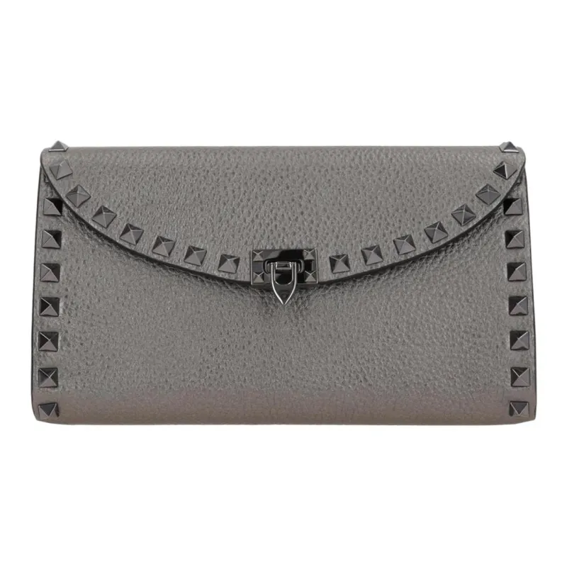 Valentino ROCKSTUD Cow Leather Wallet, Shoulder Bag Women's Gray-0