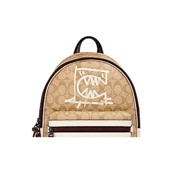 COACH X Guang Yu Charlie Canvas With Leather Coated Backpack Large Size Women's Khaki-4