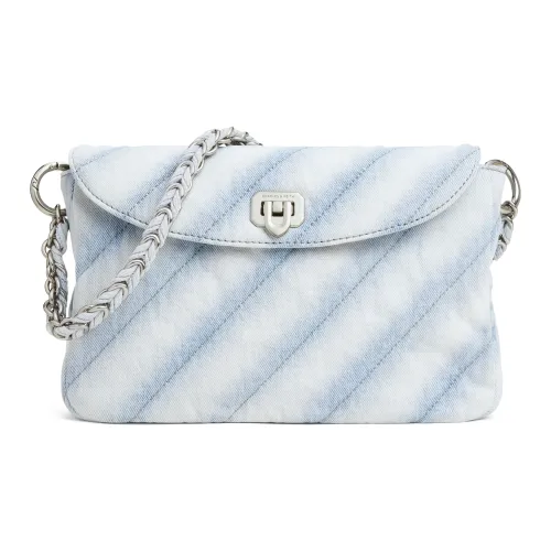 CHARLES&KEITH PU, Textile Mixture Crossbody Bag, Shoulder Bag Medium Size Women's Light Washed Denim Light Denim Blue
