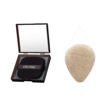 GECOMO Walnut Seed Konjac Facial Sponge+Oil Absorbing Paper Combination, Built in Mirror Powder Puff, Makeup Tool