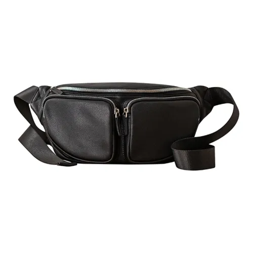 Back Step Top Grain Vegetable Tanned Cow Leather Sling Bag Unisex Black