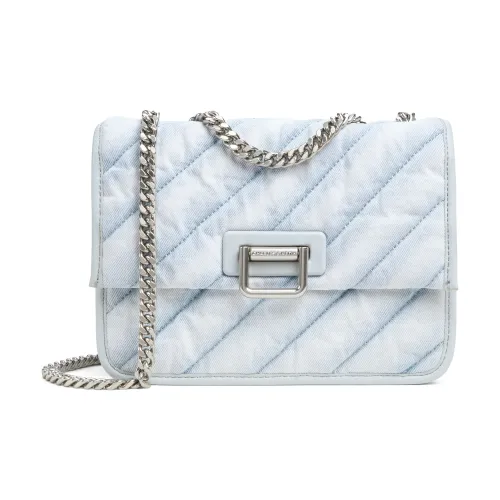 CHARLES&KEITH PU, Textile Mixture Shoulder Bag Trumpets Women's Light Washed Denim Light Denim Blue