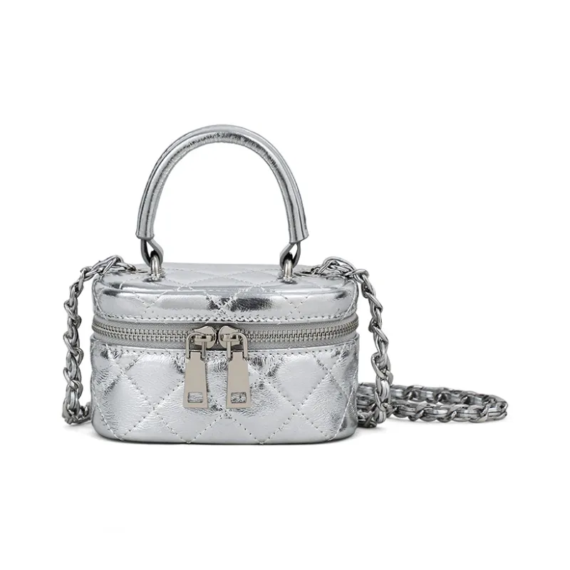 PT'SON Cow Leather Box Bag Handbag Shoulder Bag Crossbody Bag Regular Women's Silver-3