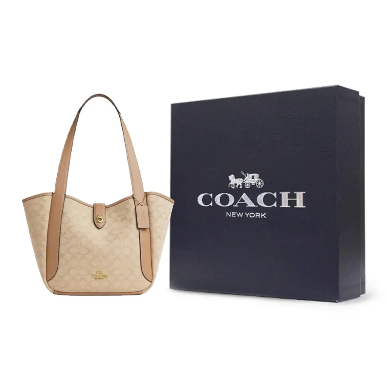 COACH Hadley Fabric With Leather Tote Bag, Shopping Bag, Handbag, Shoulder Bag Women's Deep Natural Mixed Color-7