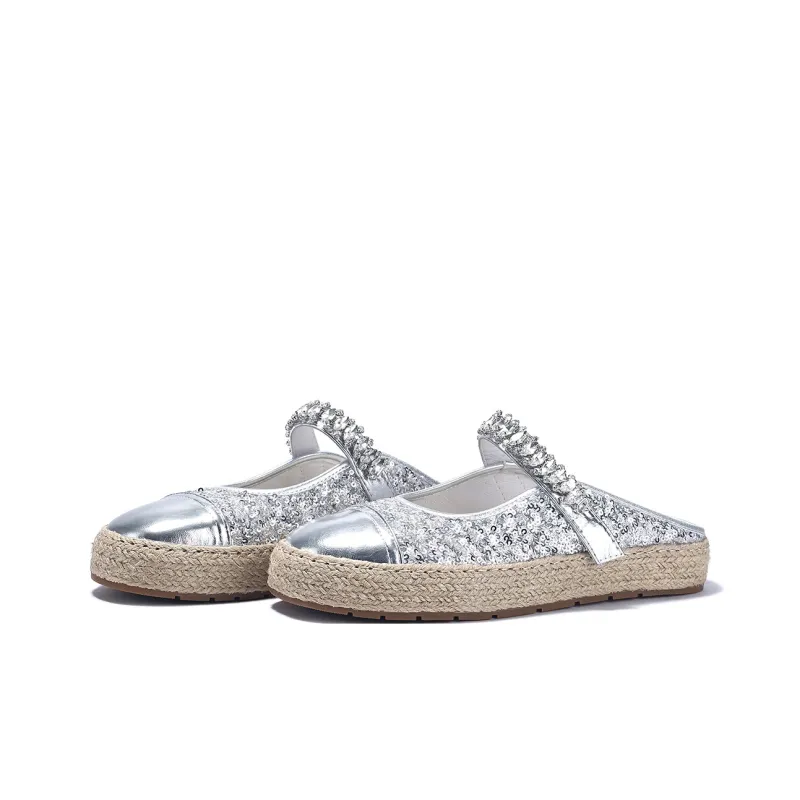 BELLALILY Rubber Sole Sequins Rhinestone Woven Fabric Abrasion-Resistant Wrap-toe Slippers Women's-7