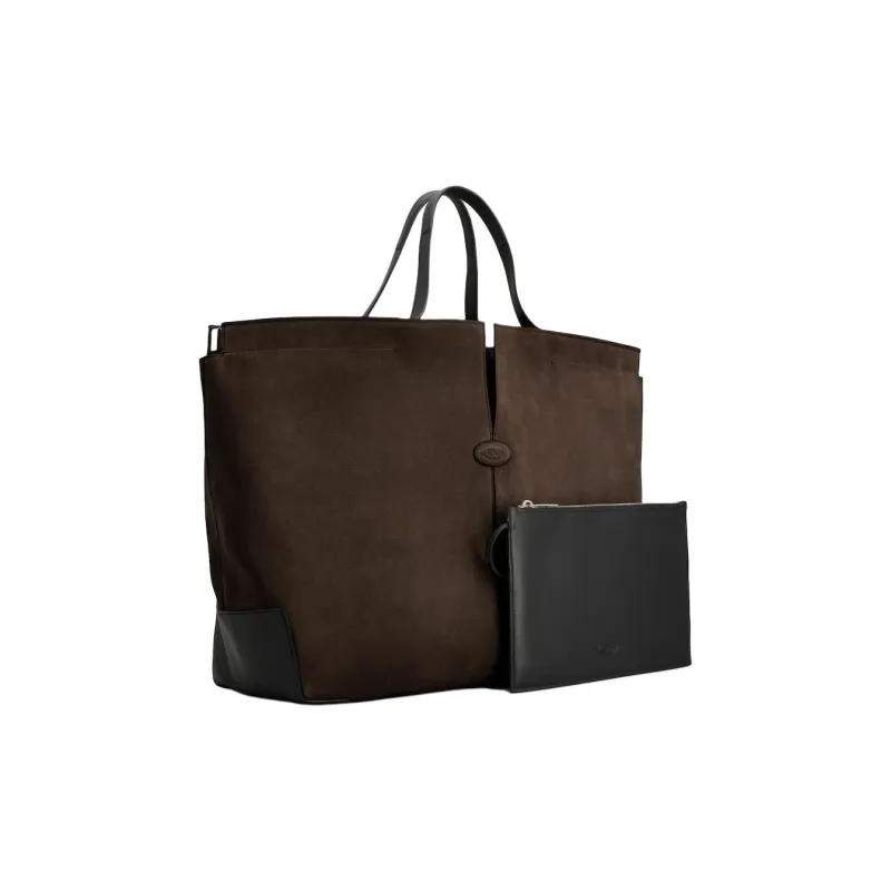 TOD'S DI Suede Calfskin Tote Bag Shopping Bag Handbag Large Size Men's Brown & Black-1