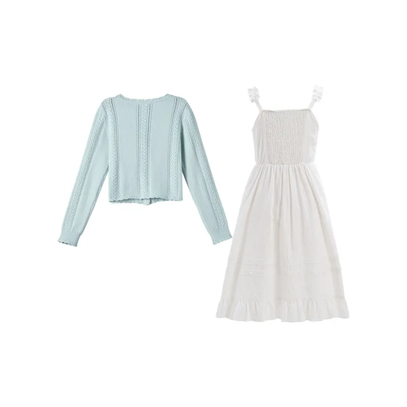 SNBL Two Piece Skirt Sets Women's Green+White-1